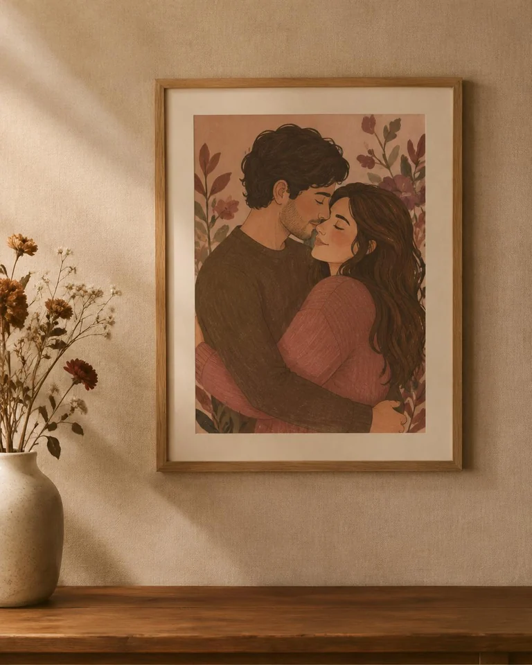 Illustrated couple portrait in an oak frame